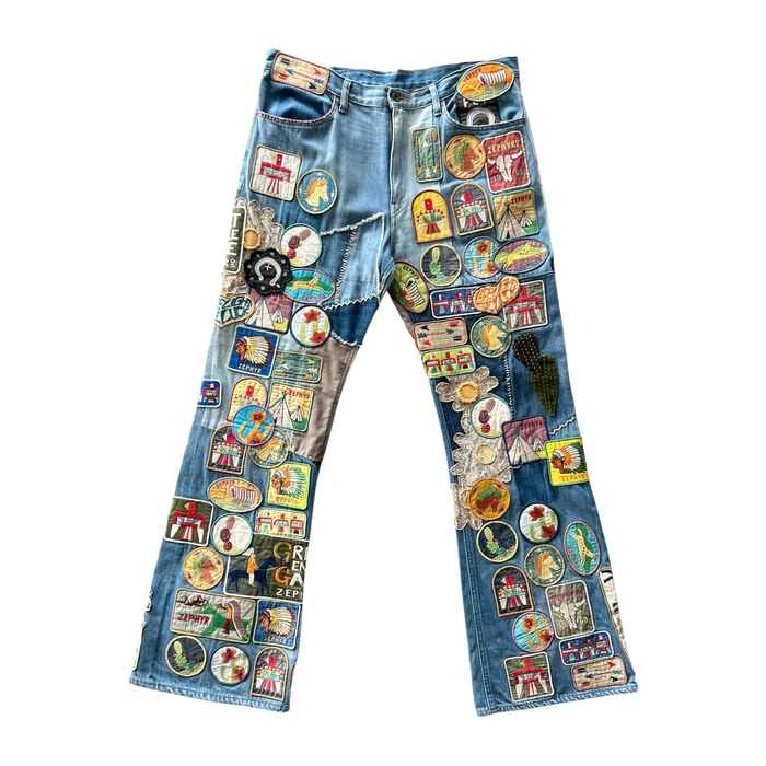 Kapital — Kapital Blue Beautiful World Patch Flare Jeans
