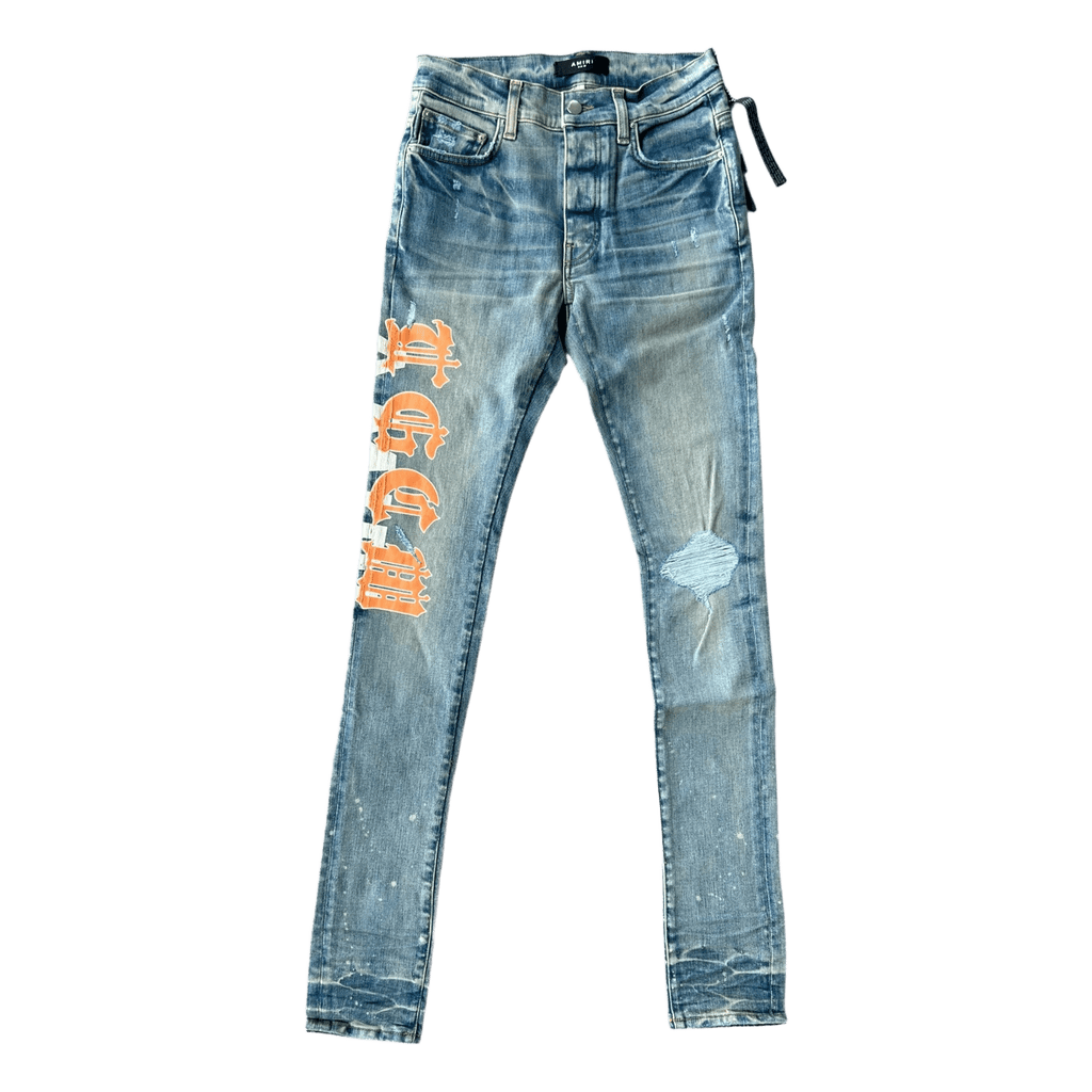 Amiri Clay Indigo T.G.C.W Distressed Logo Jeans - Morely TrendsAmiri Type here:)