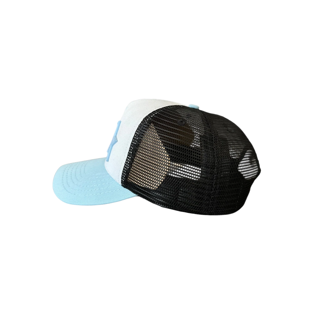Amiri White & Blue Triple Star Trucker Hat