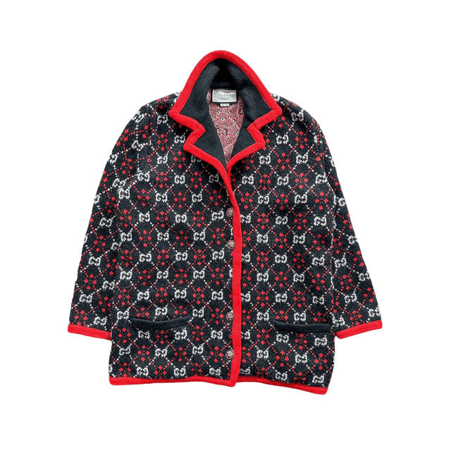 Gucci Black White & Red GG Monogram Alpaca Coat