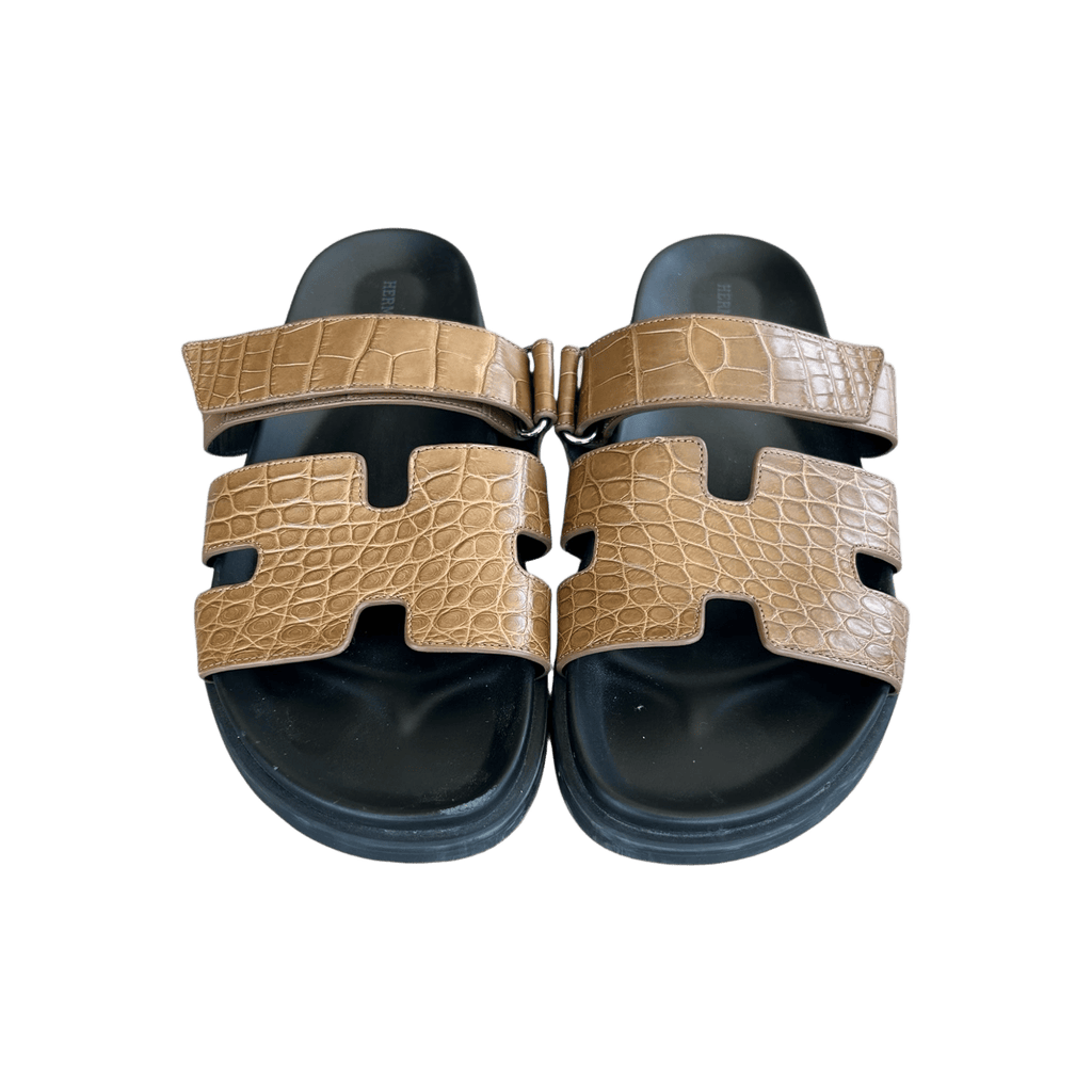 Hermes Black & Brown Crocodile Chypre Sandals - Morely TrendsHermes Type here:)