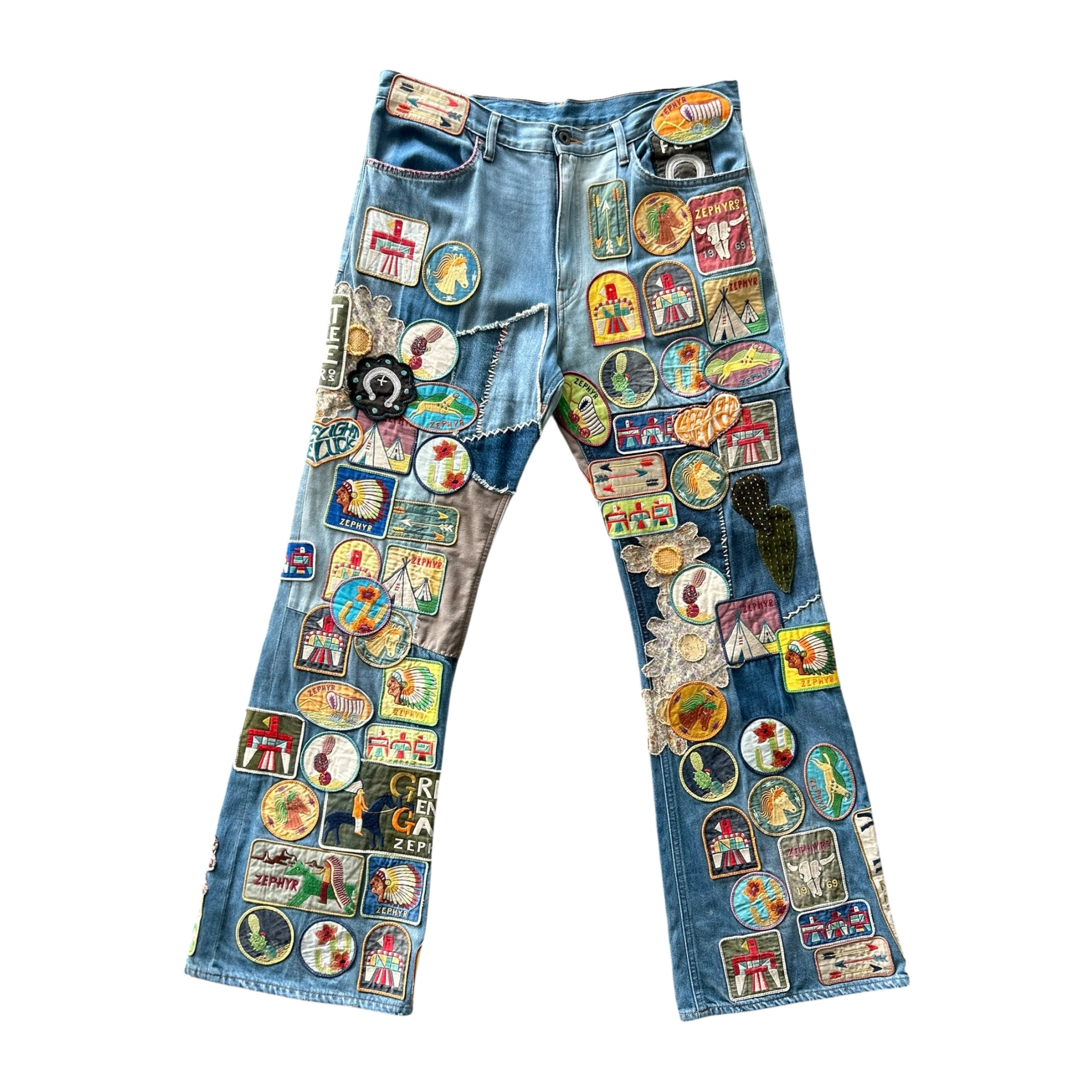 Kapital Blue Beautiful World Patch Flare Jeans - Morely TrendsKapital Type here:)